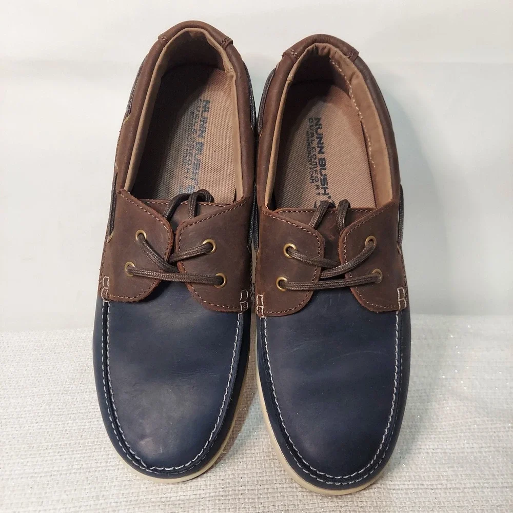 New Nunn Bush Mens Dual Comfort Leather Boat Shoes Navy‎ Brown Men 10M Loafers